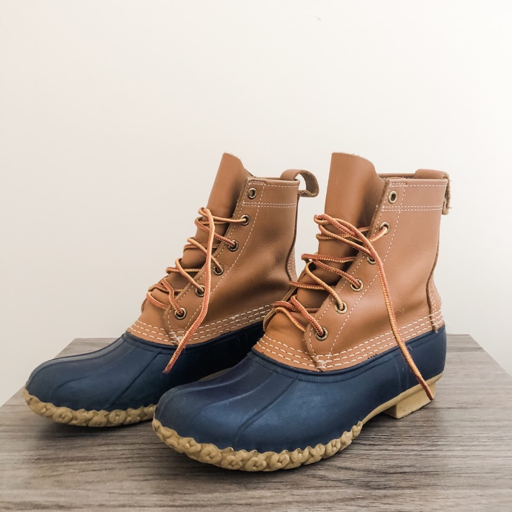 Women’s Navy and Brown Leather Bean Boots 7.5/8